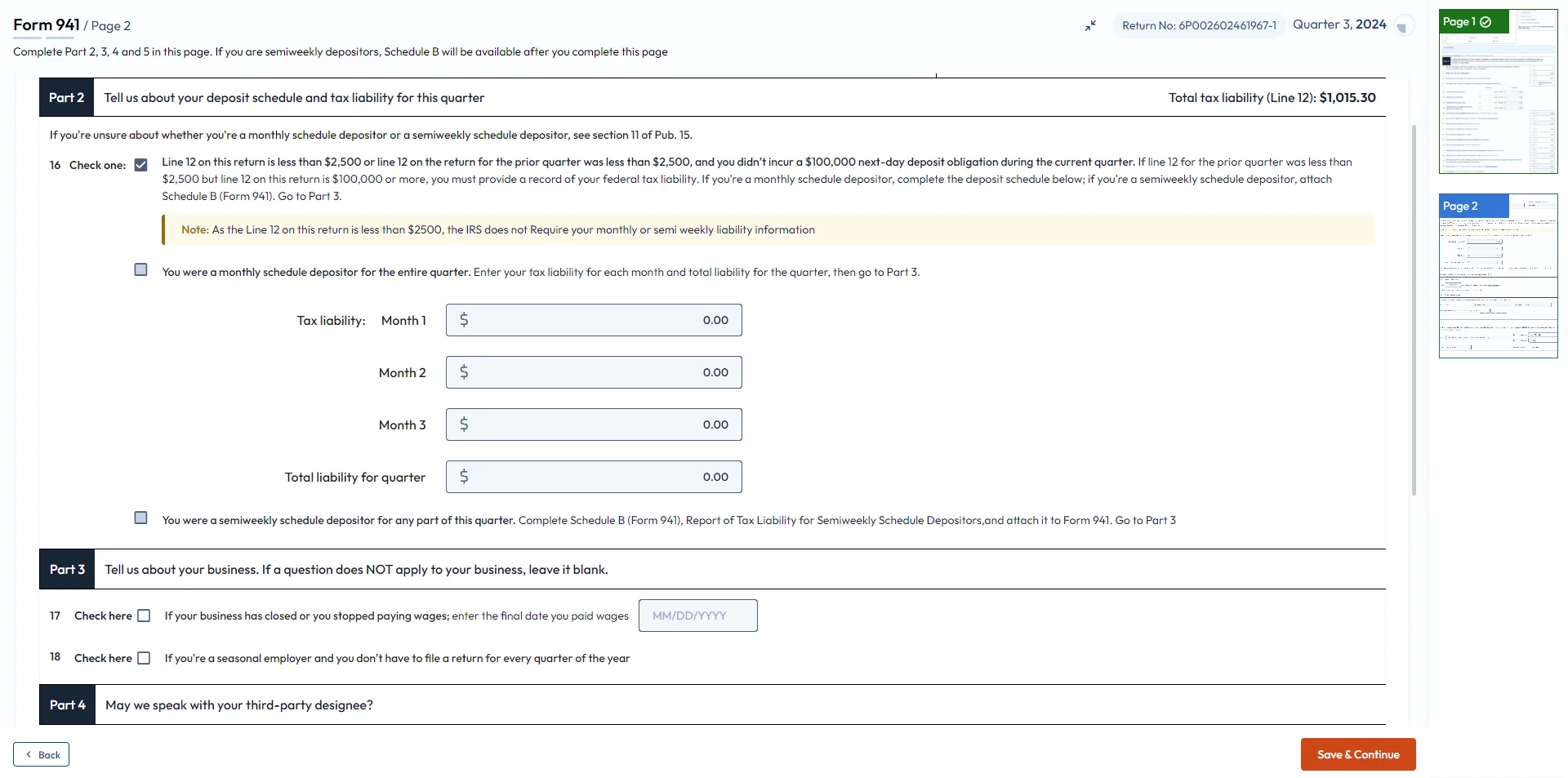 Enter ‘Part 1: Answer questions for the quarter’ information